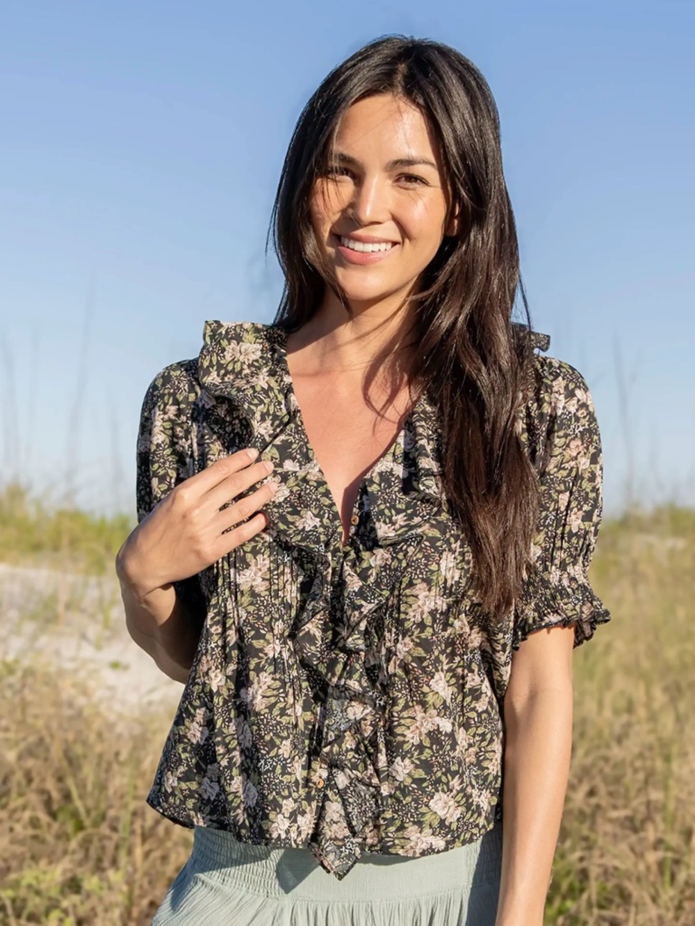Women's Natural Life Black Floral Ruffle Blouse with Front Pintucks XS